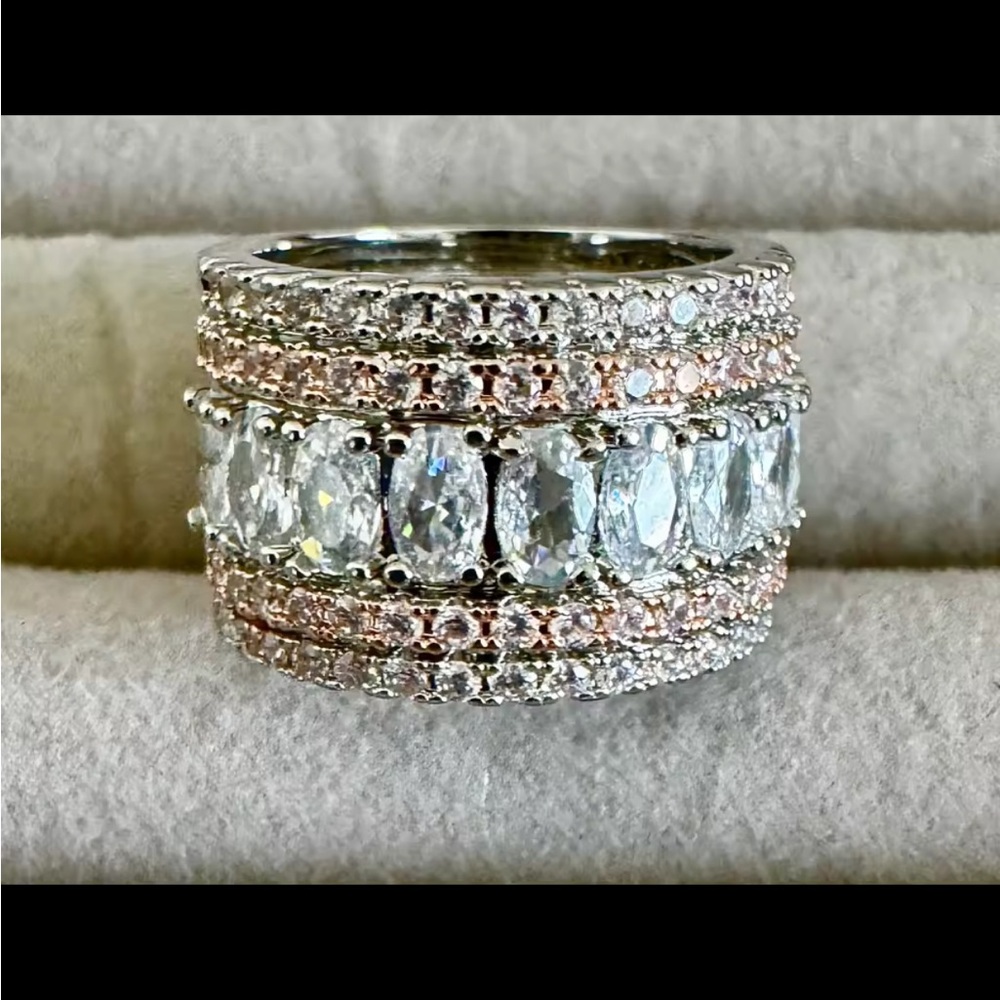 Luxury Two-Tone Wide Ring Full Brilliant Cubic Zirconia Exquisite White Rose 6 - Picture 2 of 5